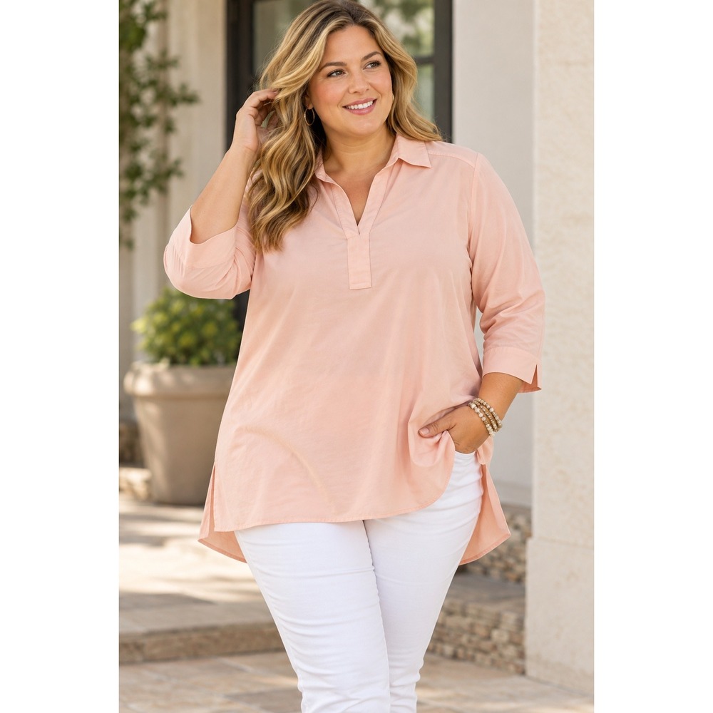 TravelSmith Tunic Blouse Womens XL Peach 3/4 Sleeve Split Neck Relaxed Top